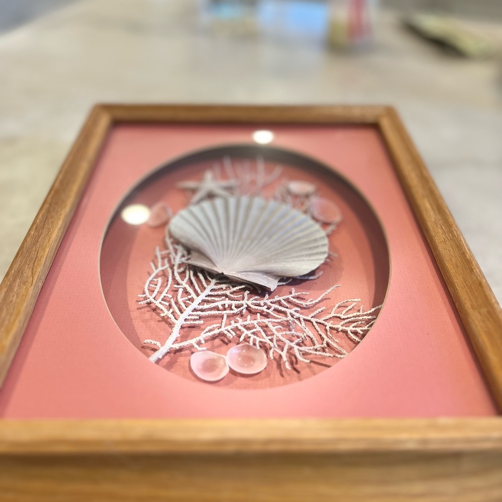 Pink coral and shell vintage shadow box art